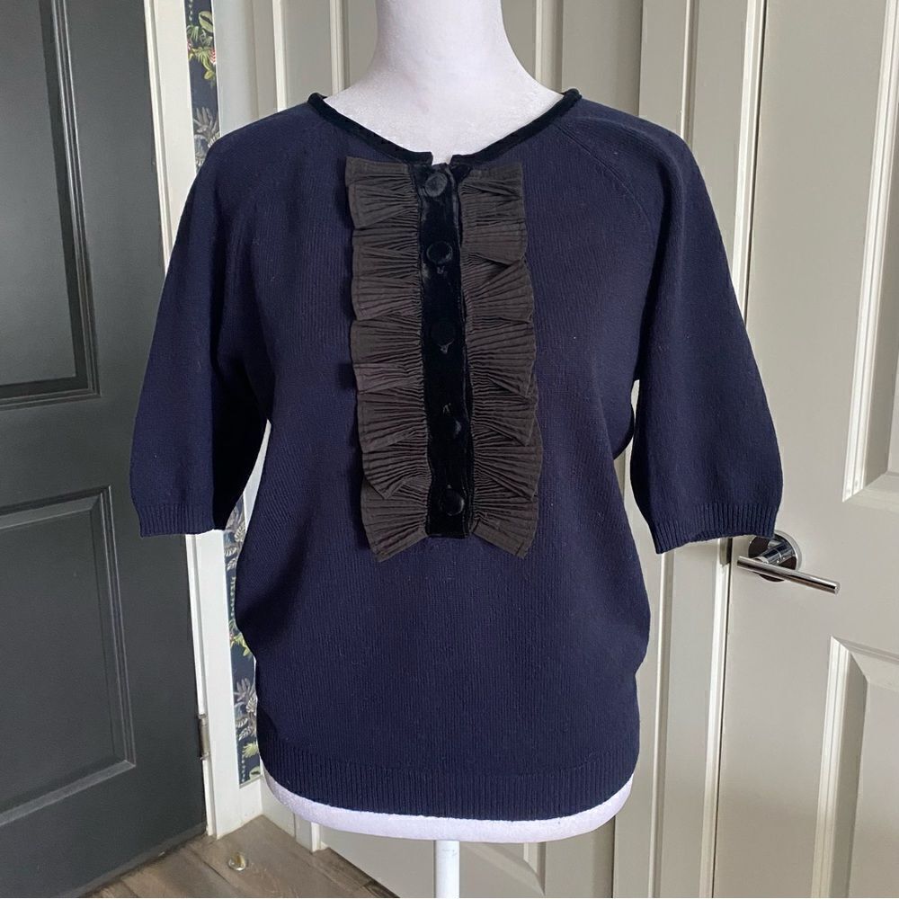 Marc Jacobs 100% Cashmere Navy Short Sleeve Ruffle Preppy Sweater Size S